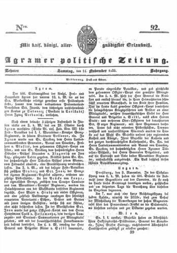 Agramer politische Zeitung : 10,92(1835) / Verlager und Redacteur Franz Stauduar und Ferd. Rosenau.