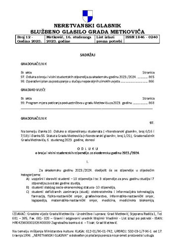 Neretvanski glasnik  : službeno glasilo grada Metkovića : 12(2023) / glavni i odgovorni urednik Mojmir Vladimir.