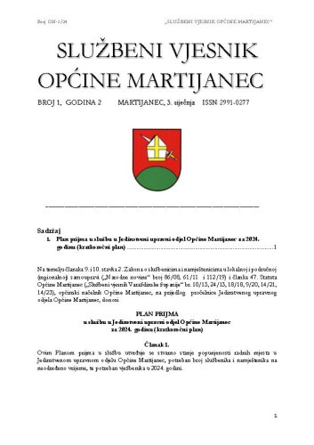 Službeni vjesnik Općine Martijanec : 2,1(2024)  / Branimir Nađ, glavni i odgovorni urednik