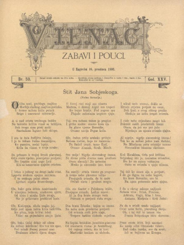 Vienac : zabavi i pouci. : 25,50(1893) / uredjuje J. Pasarić.