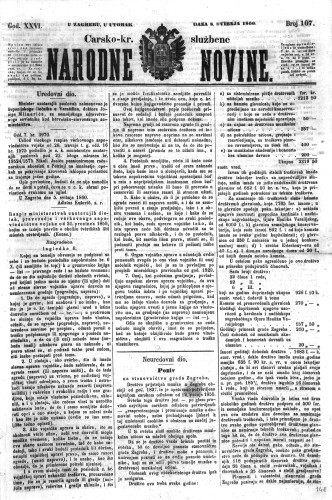 Carsko-kr. službene narodne novine : 26,107(1860)  / odgovorni učrednik Dr. Demeter.