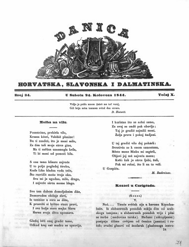 Danica horvatska, slavonska i dalmatinska : 10,34(1844)  / učrednik Ljudevit Gaj.