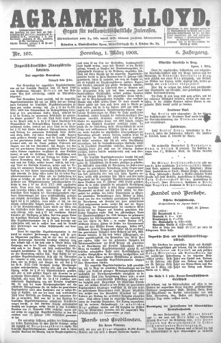 Agramer Lloyd  : organ für volkswirtschaftliche Interessen : 6,167(1903) / verantwortlicher Redacteur E. L. Blau.