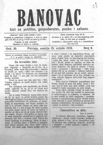 Banovac  : list za politiku, gospodarstvo, pouku i zabavu : 30,9(1919) / odgovorni urednik Mato Segher.