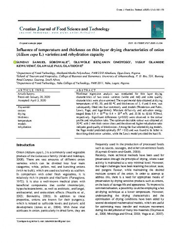 Influence of temperature and thickness on thin layer drying characteristics of onion (Allium cepa L.) varieties and rehydration capacity / Sunday Samuel Sobowale, Oluwole Benjamin Omotoso, Yusuf Olamide Kewuyemi, Olawale Paul Olatidoye.