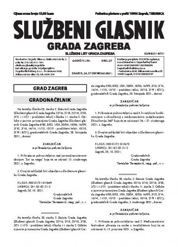 Službeni glasnik grada Zagreba : 65, 27(2021) / glavna urednica Mirjana Lichtner Kristić.