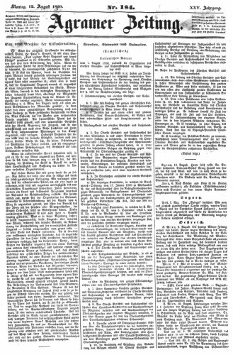 Agramer Zeitung : 25,184(1850) / für die Redaktion verantwortlich Ivan Sonvan