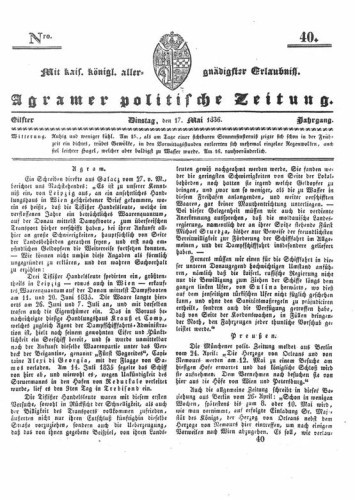 Agramer politische Zeitung : 11,40(1836) / Verlager und Redacteur Franz Stauduar und Ferd. Rosenau.