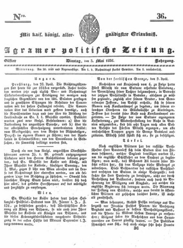 Agramer politische Zeitung : 11,36(1836) / Verlager und Redacteur Franz Stauduar und Ferd. Rosenau.