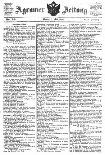 Agramer Zeitung : 29,99(1854) / für die Redaktion verantwortlich Ivan Sonvan. 