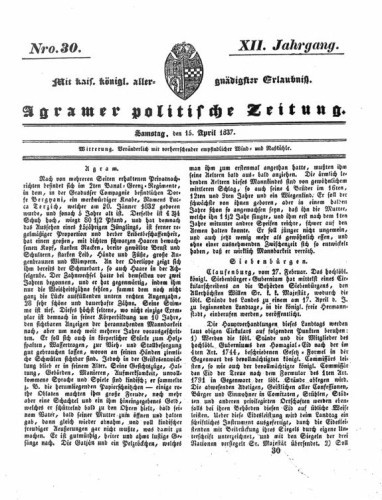 Agramer politische Zeitung : 12,30(1837) / Verlager und Redacteur Franz Stauduar und Ferd. Rosenau.