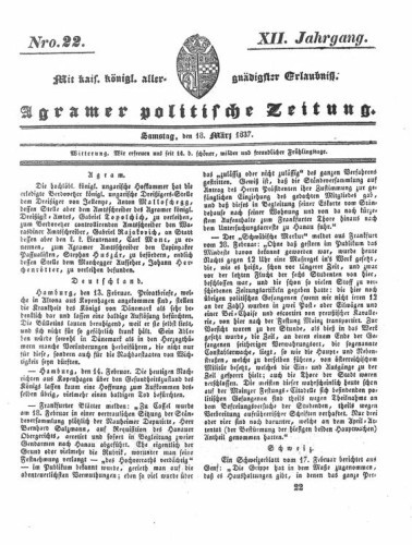 Agramer politische Zeitung : 12,22(1837) / Verlager und Redacteur Franz Stauduar und Ferd. Rosenau.