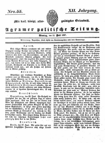Agramer politische Zeitung : 12,55(1837) / Verlager und Redacteur Franz Stauduar und Ferd. Rosenau.