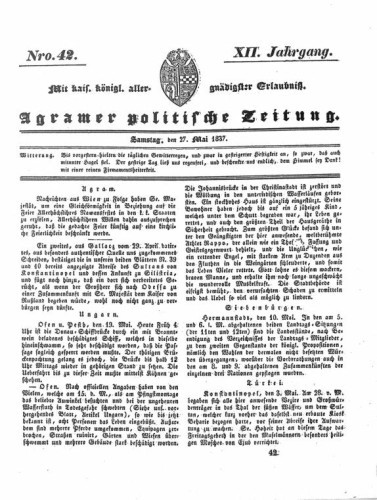 Agramer politische Zeitung : 12,42(1837) / Verlager und Redacteur Franz Stauduar und Ferd. Rosenau.
