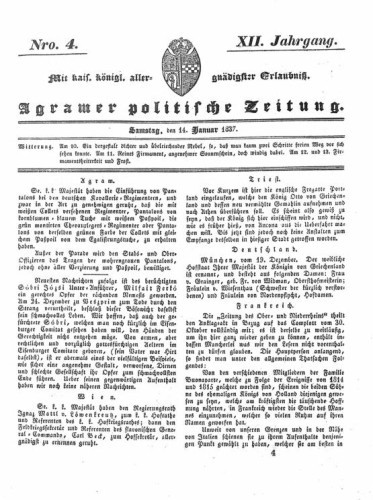 Agramer politische Zeitung : 12,4(1837) / Verlager und Redacteur Franz Stauduar und Ferd. Rosenau.