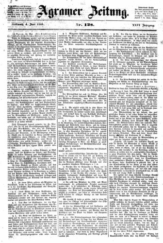 Agramer Zeitung : 26,128(1851) / für die Redaktion verantwortlich Ivan Sonvan