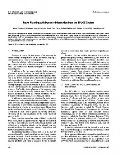 Route planning with dynamic information from the EPLOS system / Michał Kłodawski, Marianna Jacyna, Rostislav Vasek, Piotr Klimek, Roland Jachimowski, Emilian Szczepański, Konrad Lewczuk.