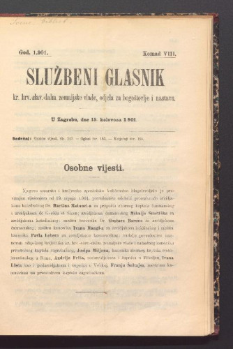 Službeni glasnik kr. hrv. slav. dalm. zemaljske vlade, odjel za bogoštovlje i nastavu: 18,8(1901) 