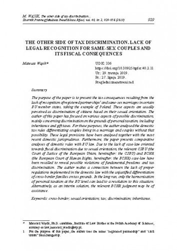 The other side of tax discrimination : lack of legal recognition for same-sex couples and its fiscal consequences / Mateusz Wąsik.