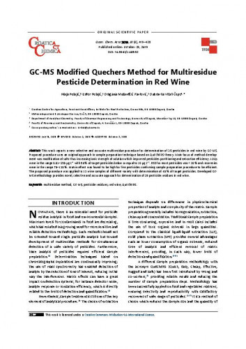 GC-MS modified quechers method for multiresidue pesticide determination in red wine / Maja Pelajić, Izidor Pelajić, Dragana Mutavdžić Pavlović, Dubravka Vitali Čepo.