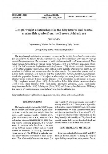 Length-weight relationships for the fifty littoral and coastal marine fish species from the Eastern Adriatic Sea / Alen Soldo.