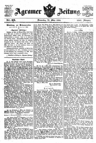 Agramer Zeitung : 29,62(1854) / für die Redaktion verantwortlich Ivan Sonvan. 