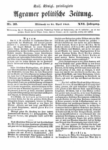 Agramer politische Zeitung : 16,32(1841) / Verlager und Redacteur Franz Stauduar und Ferdinand Rosenau.