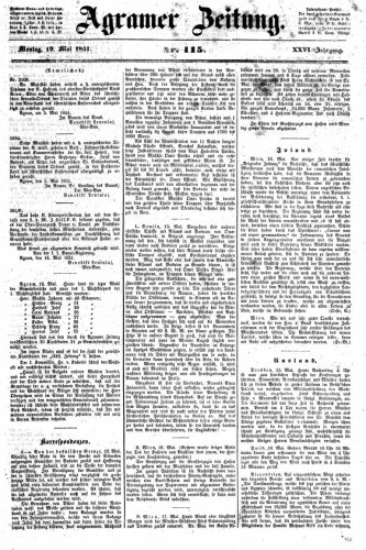 Agramer Zeitung : 26,115(1851) / für die Redaktion verantwortlich Ivan Sonvan