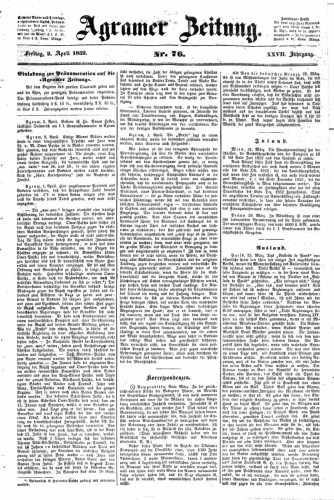 Agramer Zeitung : 27,76(1852) / für die Redaktion verantwortlich Ivan Sonvan