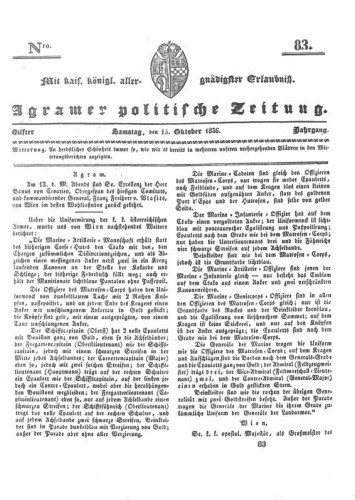 Agramer politische Zeitung : 11,83(1836) / Verlager und Redacteur Franz Stauduar und Ferd. Rosenau.