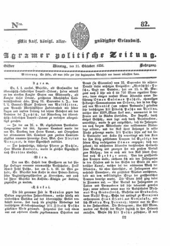 Agramer politische Zeitung : 11,82(1836) / Verlager und Redacteur Franz Stauduar und Ferd. Rosenau.