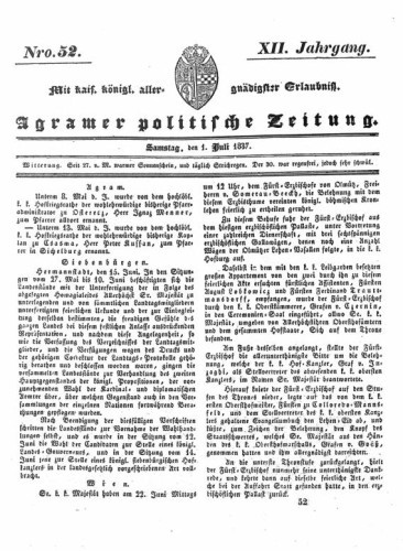 Agramer politische Zeitung : 12,52(1837) / Verlager und Redacteur Franz Stauduar und Ferd. Rosenau.
