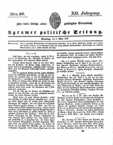 Agramer politische Zeitung : 12,36(1837) / Verlager und Redacteur Franz Stauduar und Ferd. Rosenau.