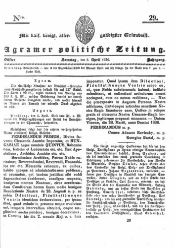 Agramer politische Zeitung : 11,29(1836) / Verlager und Redacteur Franz Stauduar und Ferd. Rosenau.