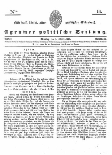 Agramer politische Zeitung : 11,18(1836) / Verlager und Redacteur Franz Stauduar und Ferd. Rosenau.