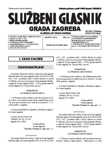 Službeni glasnik grada Zagreba : 68,16(2024)  / glavna urednica Mirjana Lichtner Kristić.