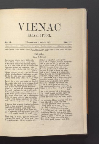 Vienac : zabavi i pouci. : 3,13(1871) / urednici Ivan Perkovac i Ivan Dežman.