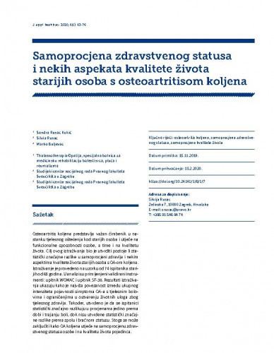 Samoprocjena zdravstvenog statusa i nekih aspekata kvalitete života starijih osoba s osteoartritisom koljena / Sandra Rusac Kukić, Silvia Rusac, Marko Buljevac.