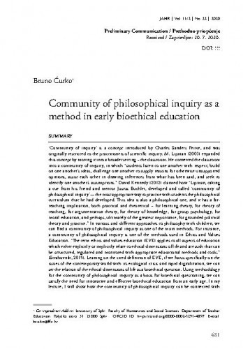 Community of philosophical inquiry as a method in early bioethical education / Bruno Ćurko.