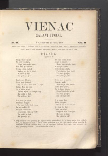 Vienac : zabavi i pouci. : 2,29(1870) / urednik Ivan Perkovac.