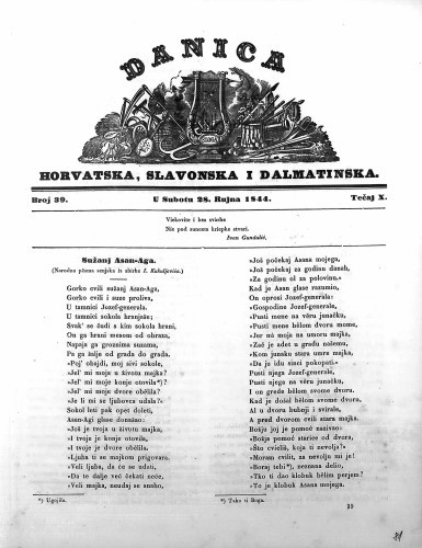 Danica horvatska, slavonska i dalmatinska : 10,39(1844)  / učrednik Ljudevit Gaj.