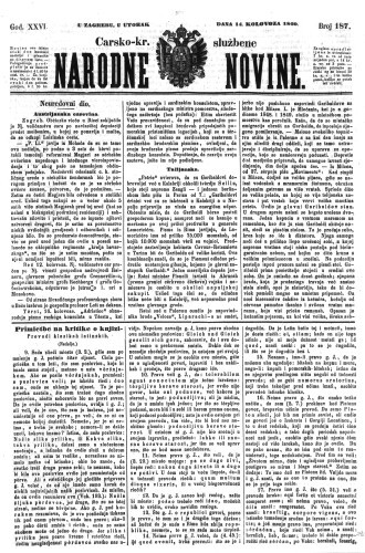Carsko-kr. službene narodne novine : 26,187(1860)  / odgovorni učrednik Dr. Demeter.