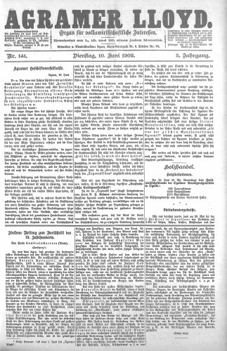 Agramer Lloyd  : organ für volkswirtschaftliche Interessen : 5,141(1902) / verantwortlicher Redacteur E. L. Blau.