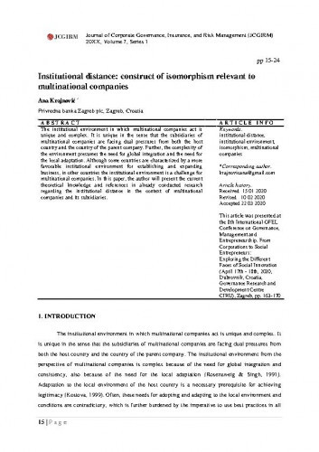 Institutional distance : construct of isomorphism relevant to multinational companies / Ana Krajnović.
