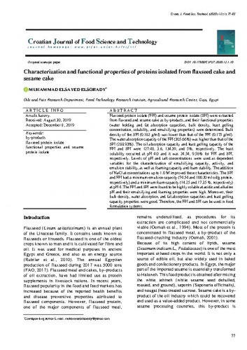 Characterization and functional properties of proteins isolated from flaxseed cake and sesame cake / Muhammad Elsayed Elsorady.