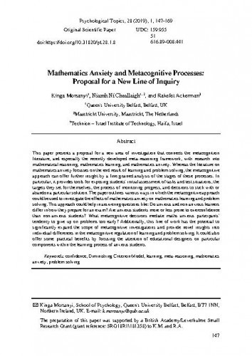 Mathematics anxiety and metacognitive processes : proposal for a new line of inquiry / Kinga Morsanyi, Niamh Ní Cheallaigh, Rakafet Ackerman.
