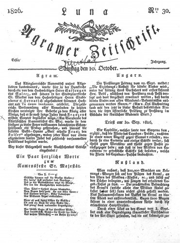 Luna Agramer Zeitschrift : 1,30(1826) / Herausgeber und Redacteurs F. S. Stauduar.