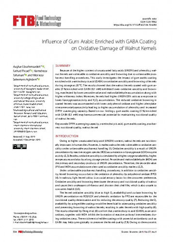 Influence of gum arabic enriched with GABA coating on oxidative damage of walnut kernels / Asghar Ebrahimzadeh, Farhad Pirzad, Hamidreza Tahanian, Morteza Soleimani Aghdam.