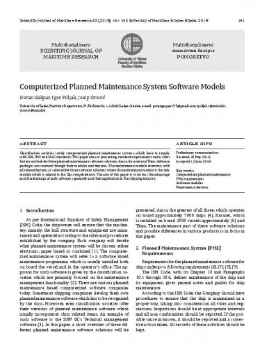 Computerized planned maintenance system software models / Goran Gašpar, Igor Poljak, Josip Orović.