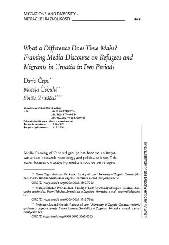 What a difference does time make? : Framing media discourse on refugees and migrants in Croatia in two periods / Siniša Zrinščak, Mateja Čehulić, Dario Čepo.